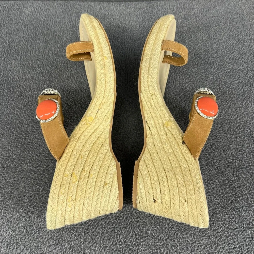 Skemo Wedge Sandals Womens 10‎ Tan Coral Embellished Espadrille Boho Rhinestone